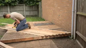 A person constructs a backyard deck using wooden pallets, carefully positioning and securing the boards. Create your perfect outdoor space with a custom pallet deck—start building today!