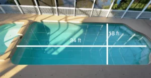 A swimming pool with dimensions labeled as 34 feet by 18 feet, showing how to calculate square footage for a pool deck. Get help calculating your pool deck square footage with expert guidance today!