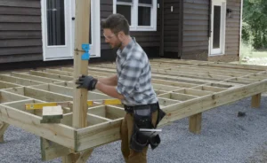 Construction worker installing a 4x4 post on a deck frame. Click here to learn how to install deck posts like a pro.