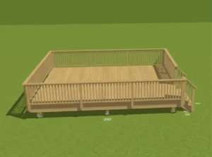 3D-rendered design of a wooden deck with railing, showcasing a 20x8-foot layout. Discover how a professional contractor can bring your ideal deck design to life.