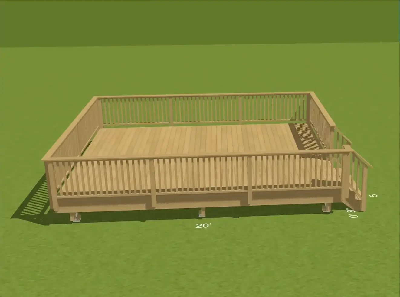 3D-rendered design of a wooden deck with railing, showcasing a 20x8-foot layout. Discover how a professional contractor can bring your ideal deck design to life.