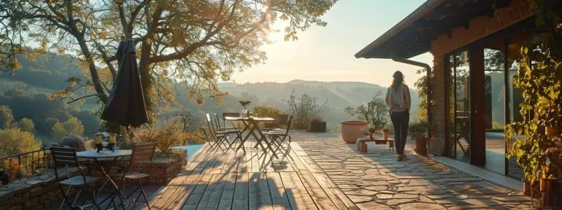 a person standing in a spacious outdoor area with a table and chairs on a wooden deck beside a stone patio, pondering which option would be best for their home