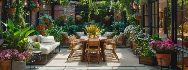 a spacious and inviting outdoor patio surrounded by blooming flowers and green plants