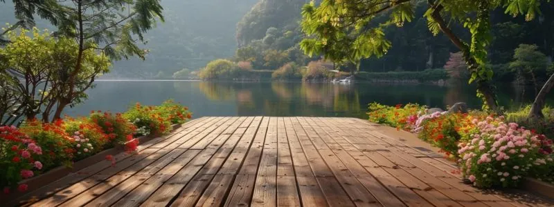 a wooden deck surrounded by blooming flowers and greenery overlooks a serene lake