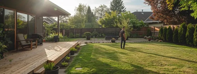 a person standing in a spacious backyard with a sprawling deck on one side and a paved patio on the other