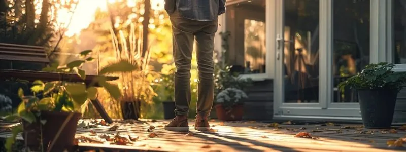 a person standing outdoors, contemplating between a deck and a patio for their home